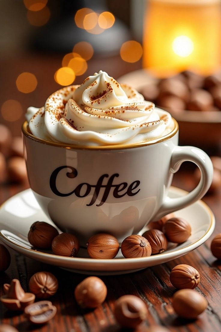 Tasse de café chaud et gourmand aux noisettes