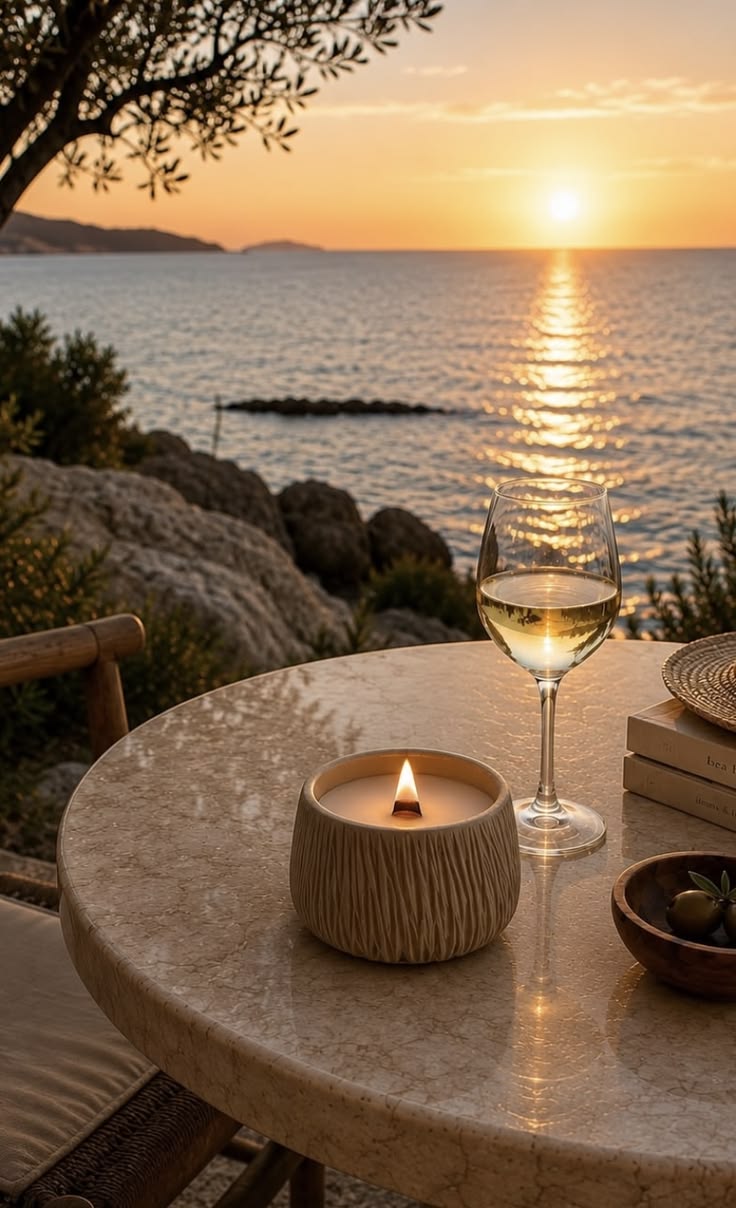 Table éclairée à la bougie au coucher du soleil