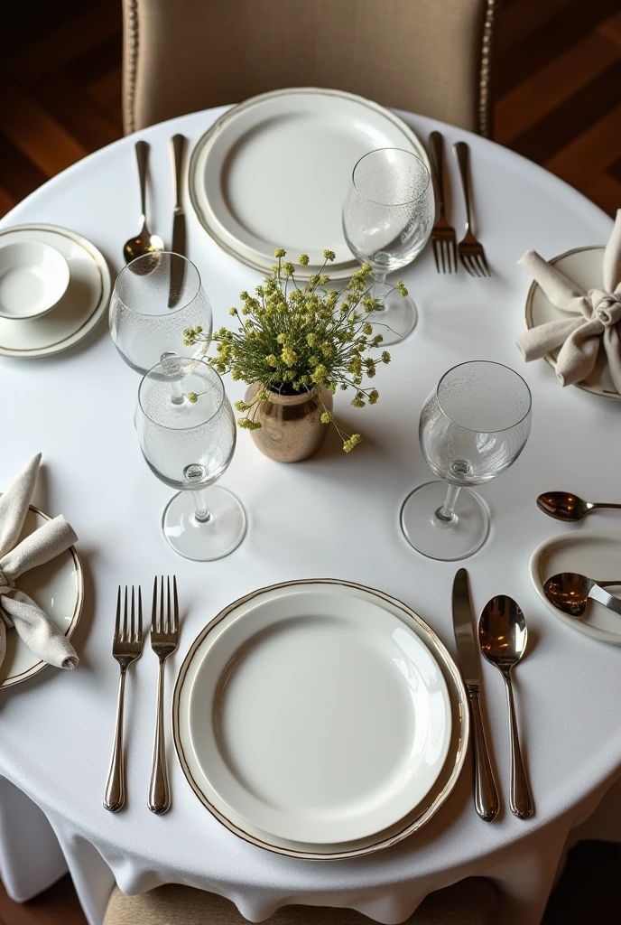 Table dressée avec des assiettes blanches et une composition florale