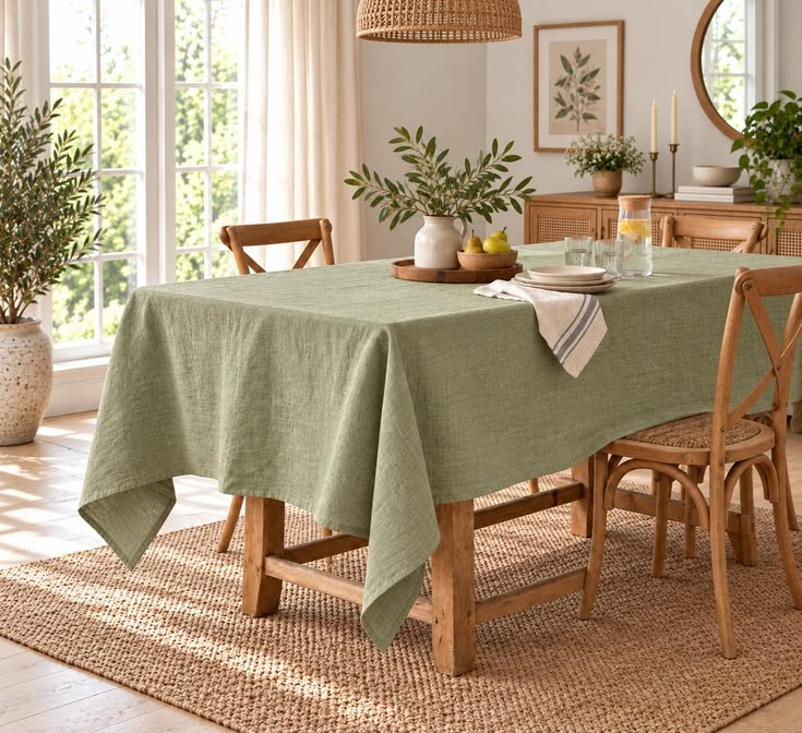 Salle à manger lumineuse avec une table habillée de lin vert sauge